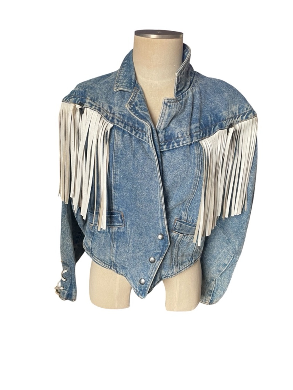 Vintage 80’s Denim Fringe Jean Jacket with White Fringe
